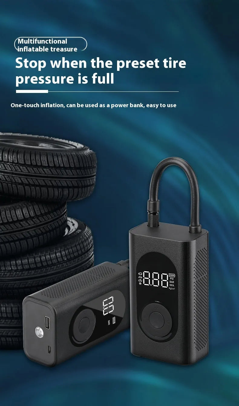 Portable wireless tyre inflator with ABS PC construction and power bank flashlight