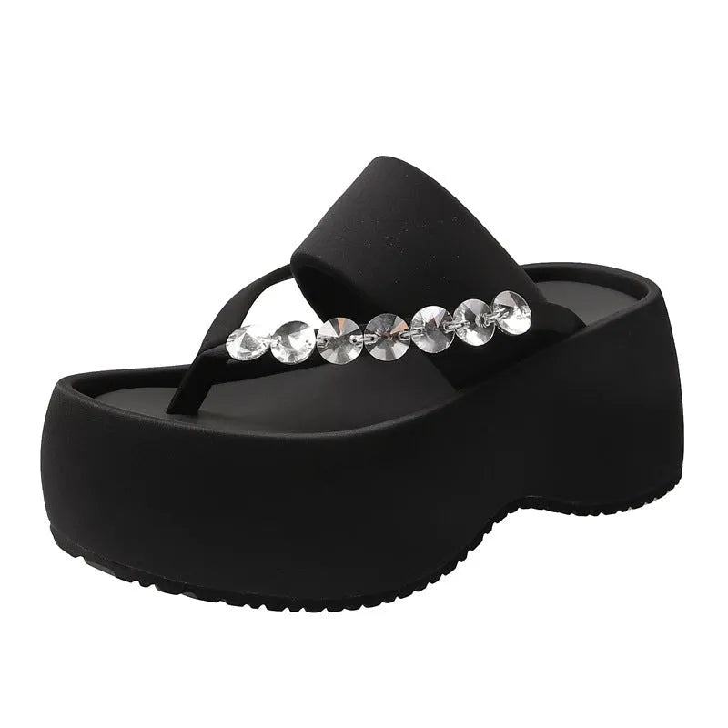 Women's black satin thick-soled flip-flops with rhinestone detail, round head, rubber sole, size 34-40