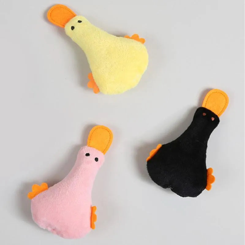 Colourful plush duck pet toy with catnip, a squeaker, and crinkly rattle paper for cats and dogs.