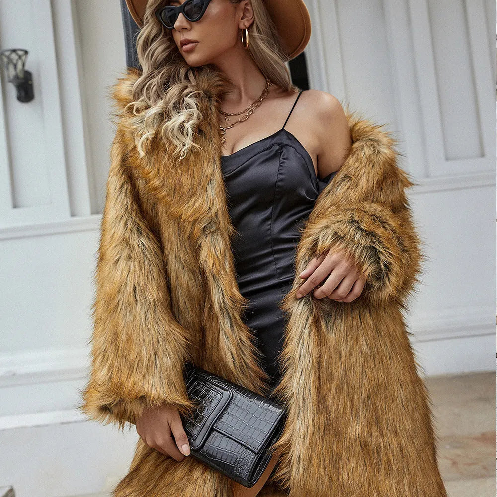 Yellow women's faux fur coat with regular sleeves and loose fit