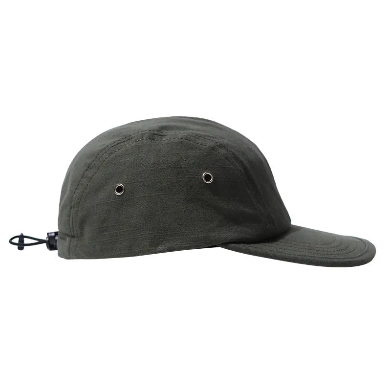 Unisex cotton baseball cap with distressed letter embroidery in army green, dome top, and short brim