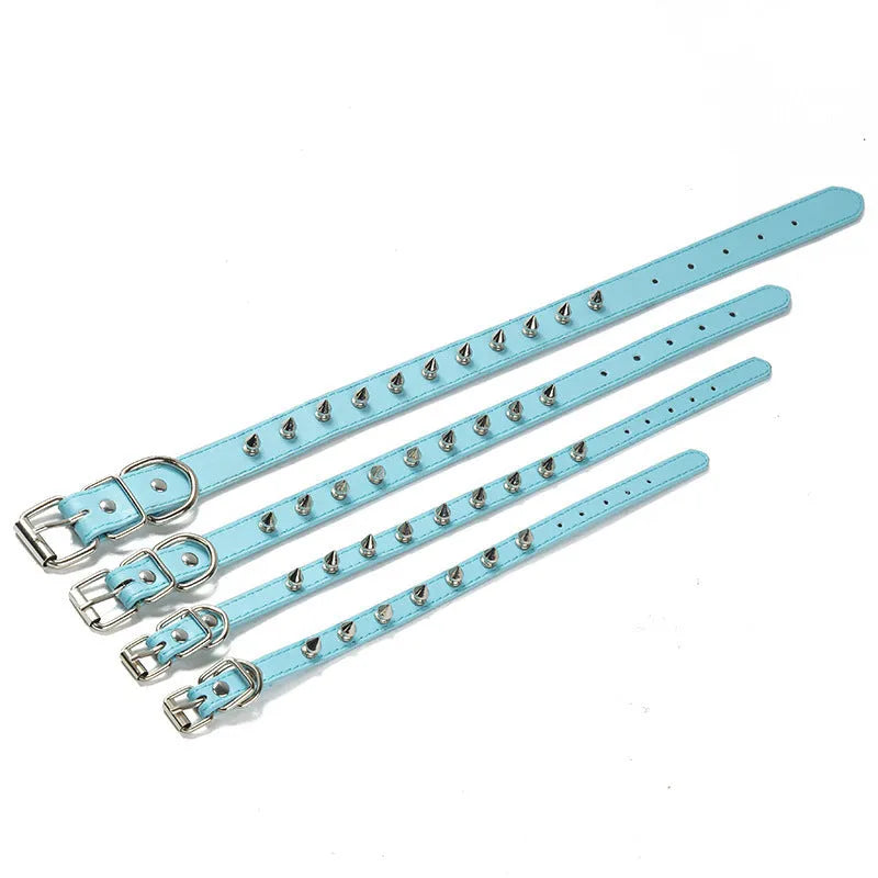 Studded dog collar in thickened PU leather with metal decoration showing alloy fastener and colour options