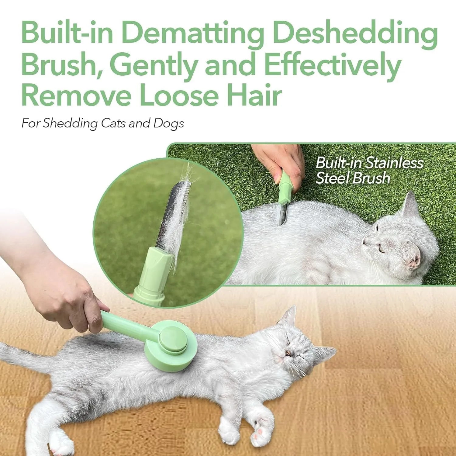 Green and yellow pet grooming brush with stainless steel teeth and a hanging loop for storage.
