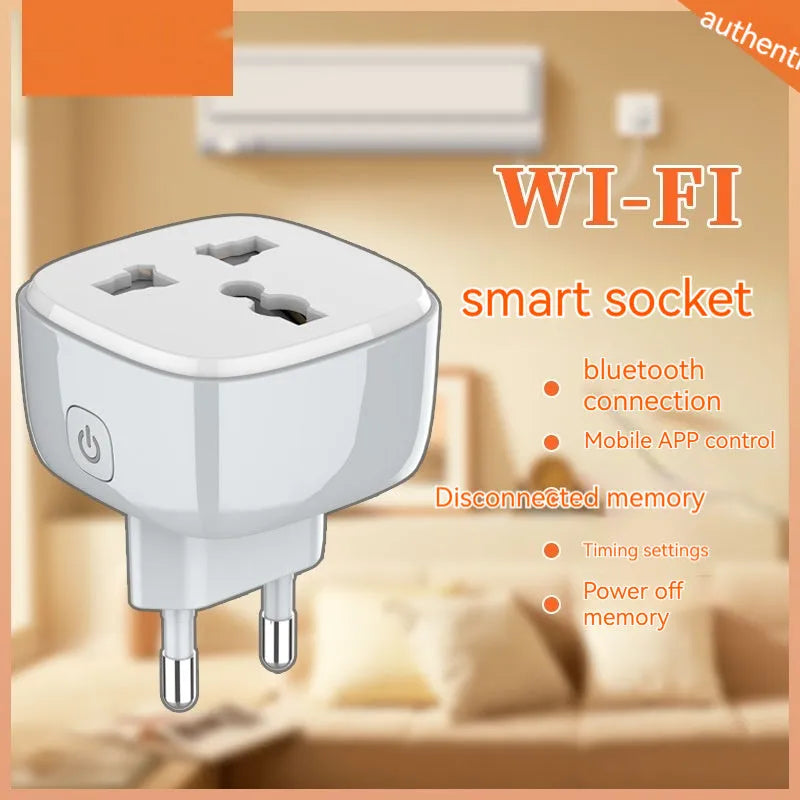 White smart WiFi socket with EU plug standard, timer and overload protection functions on white background