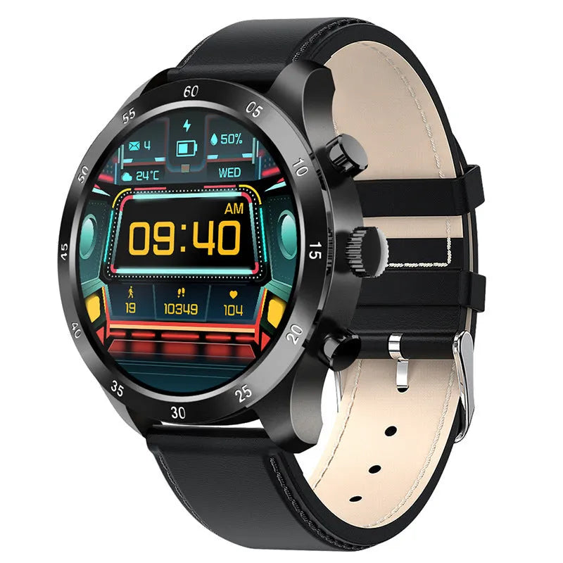 Black Bluetooth smart watch for Apple iOS with a steel strap, showing call and health monitoring functions on its display.