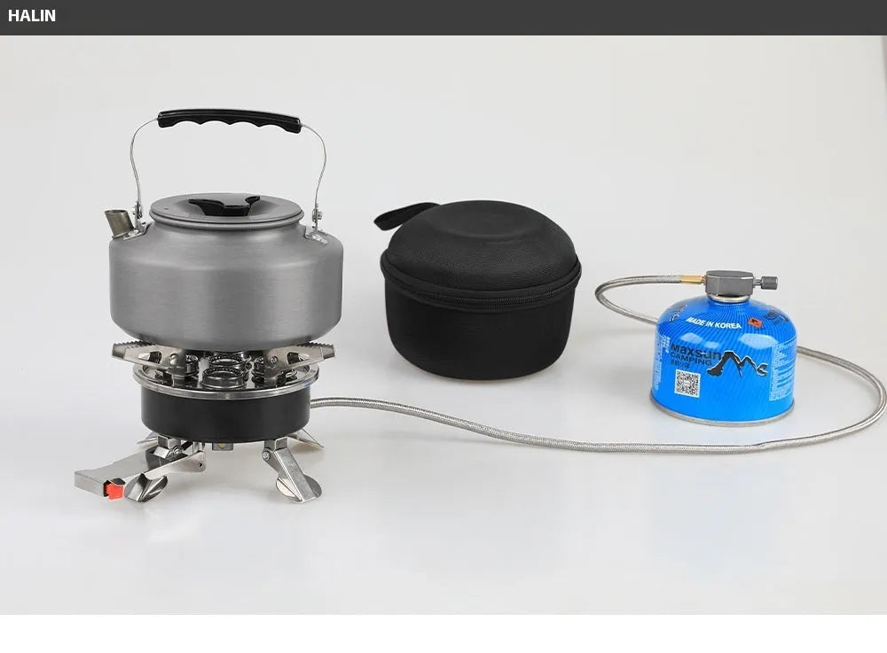 Silver portable split camping stove made of stainless steel and copper, shown folded with gas hose.