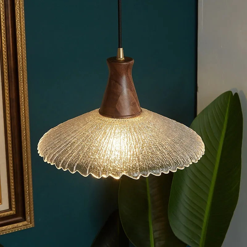 Retro simple wood and glass ceiling chandelier with brass finish in small, medium, or large size.