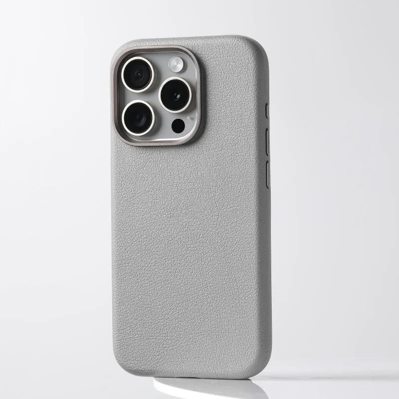 Black MagSafe magnetic leather protective phone case with alloy lens cover for iPhone
