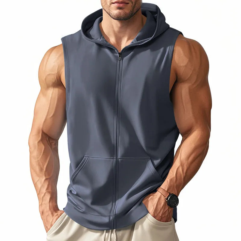Men's sports fitness training zip-up sleeveless vest hooded summer top solid colour twill fabric