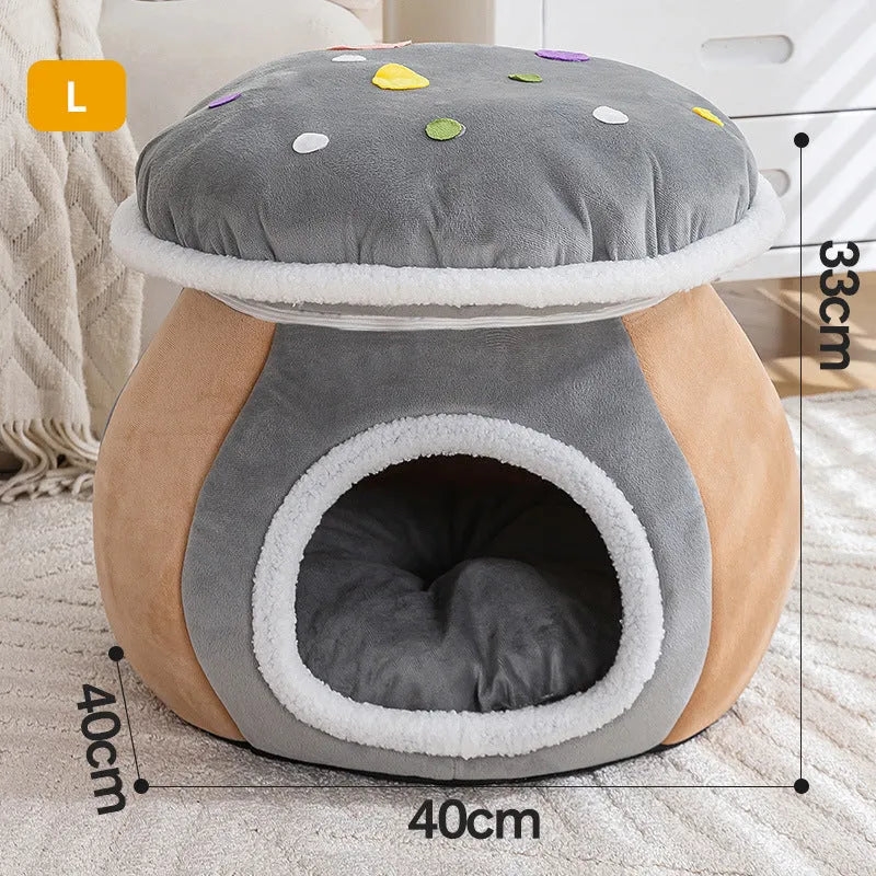 Mushroom-shaped cat nest with plush lining in grey, pink, or purple colours