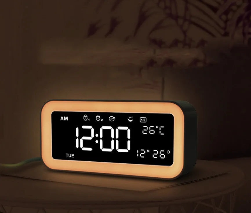 Multifunctional LED atmosphere light alarm clock with music function rectangular plastic blue pink