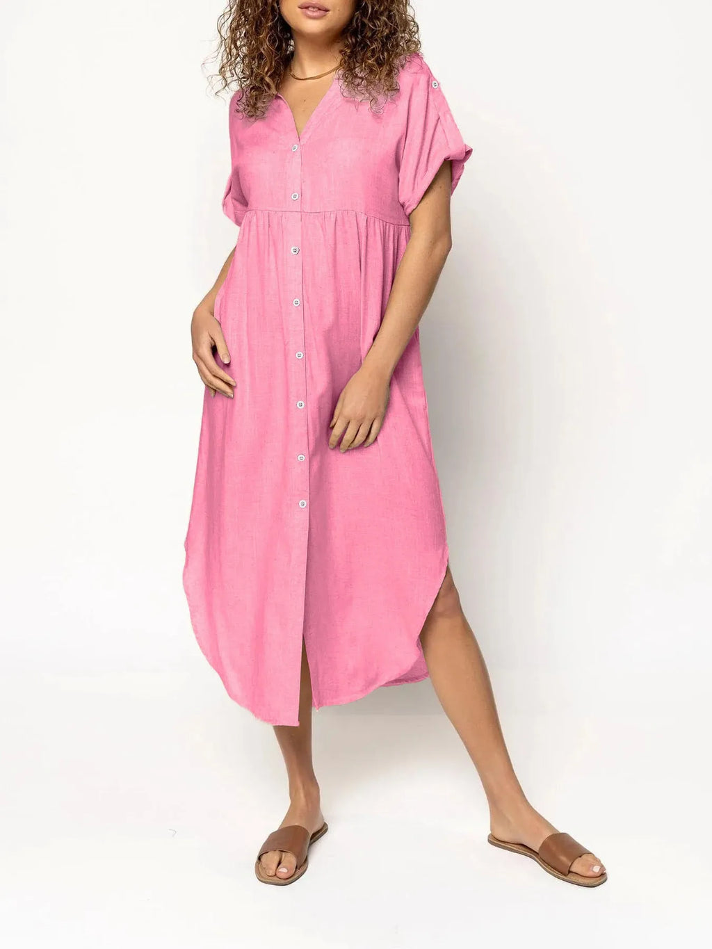 Mid-length casual dress with button front in solid colour, Japanese Korean style with regular sleeves