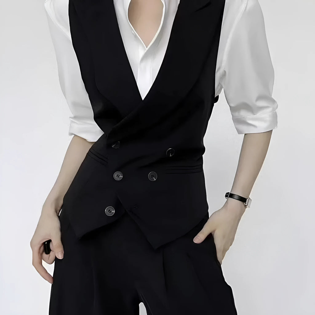 Black polyester leisure business cardigan vest with straight hem, loose fit, front view