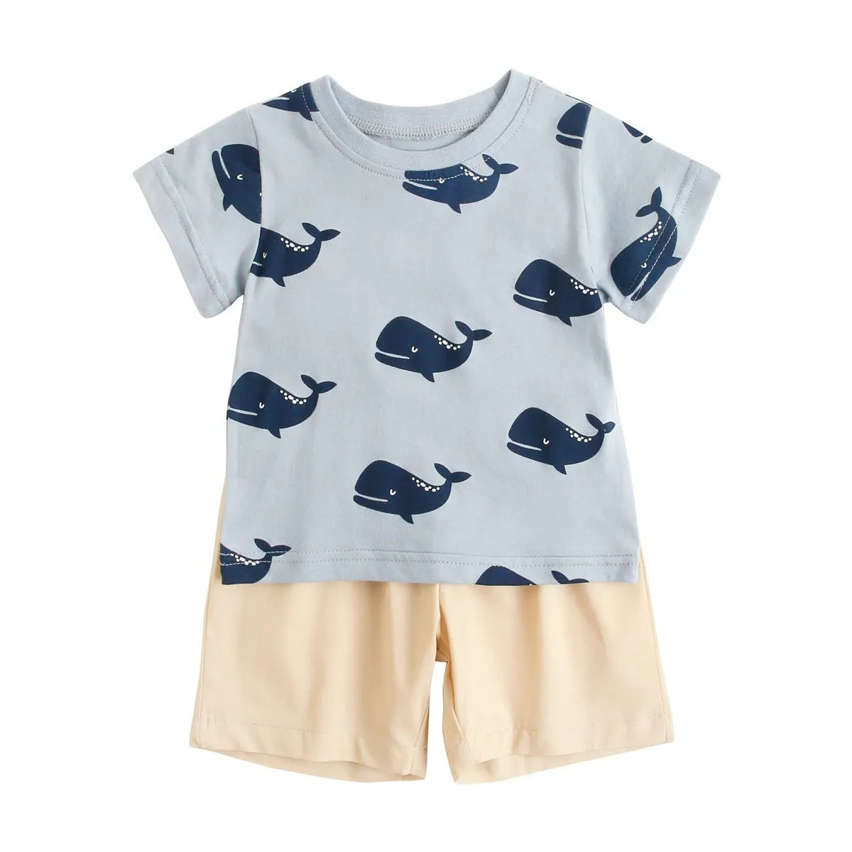 Boys cartoon animal print cotton summer suit with blue whale design, top and pants set