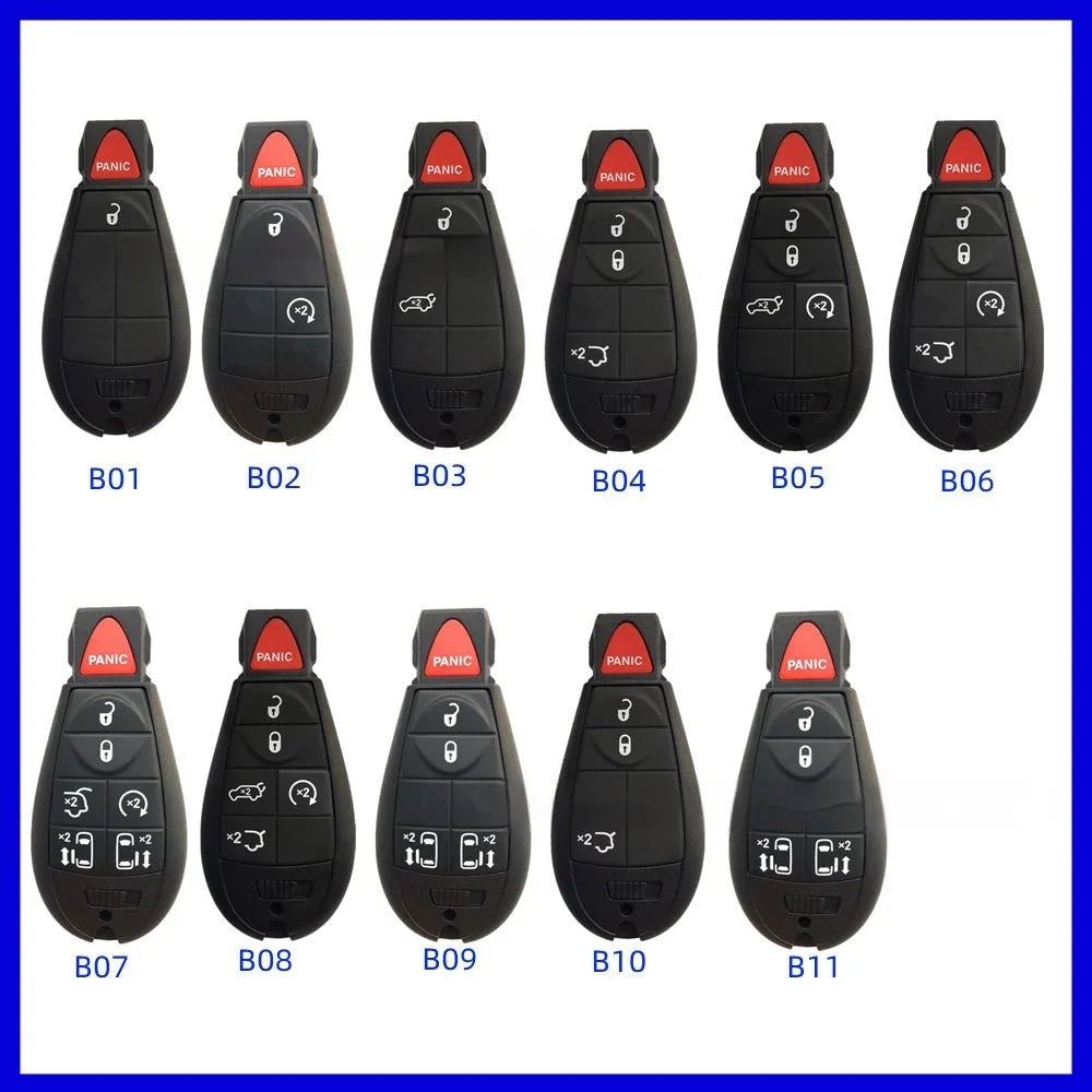 Blank Dodge car key shell case made of black ABS plastic, showing brass contacts inside, dimensions 85x42x15mm.