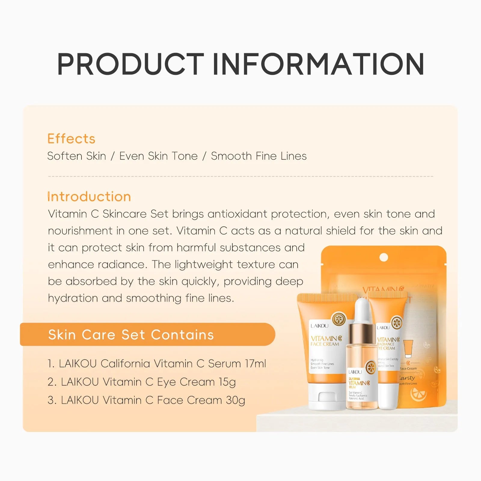 Laikou Vitamin C skin care 3-piece set with facial cleanser, essence, and eye cream included