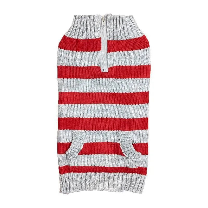 Small medium dog sweater with horizontal zipper and button pocket in contrast colours