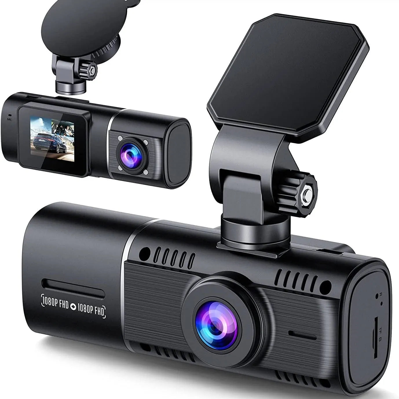 Standard black 1080p dashcam with 1.5-inch screen, showing car charger and stand accessories.