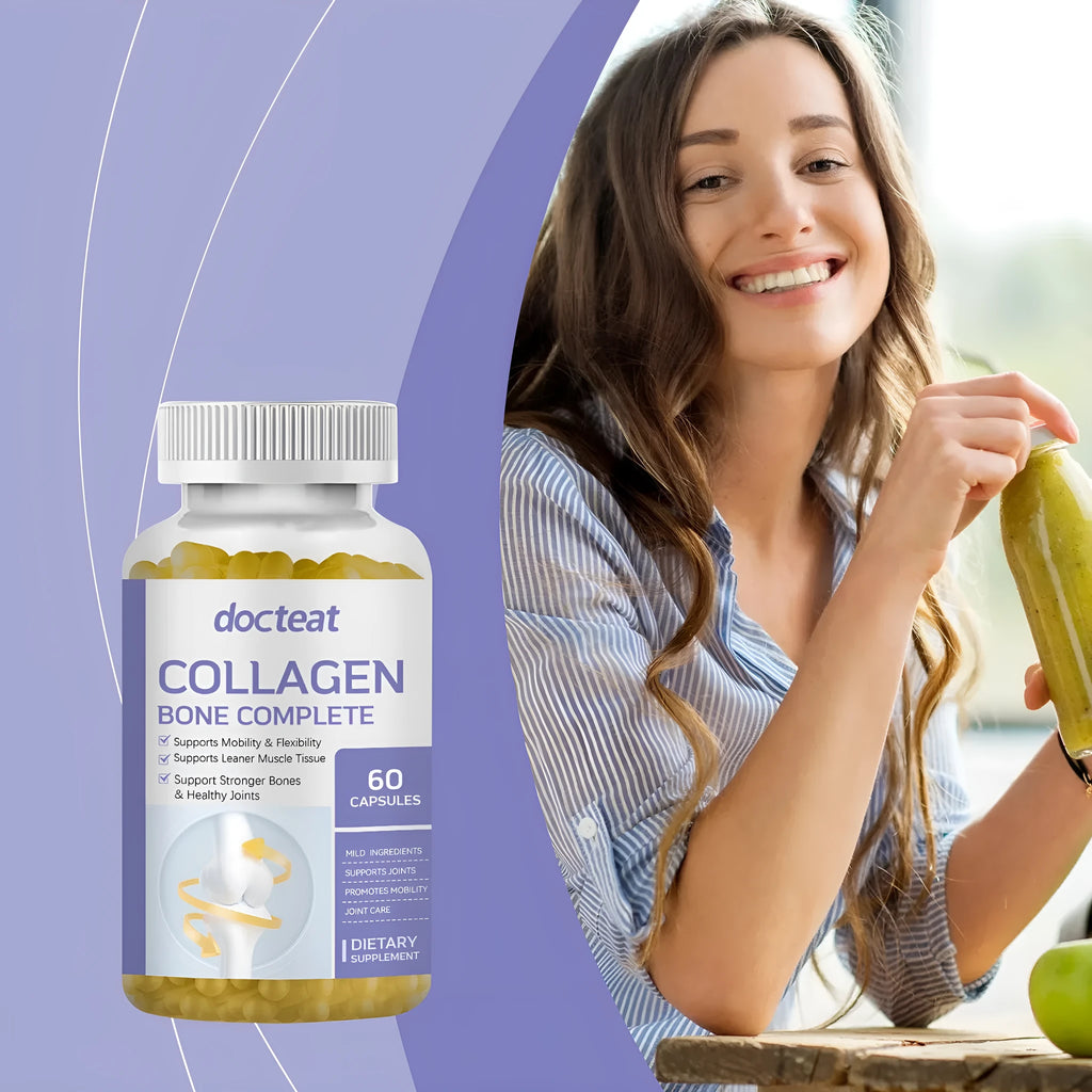 Bottle of 60 collagen and multivitamin capsules containing vitamin C, D3, K2 and calcium
