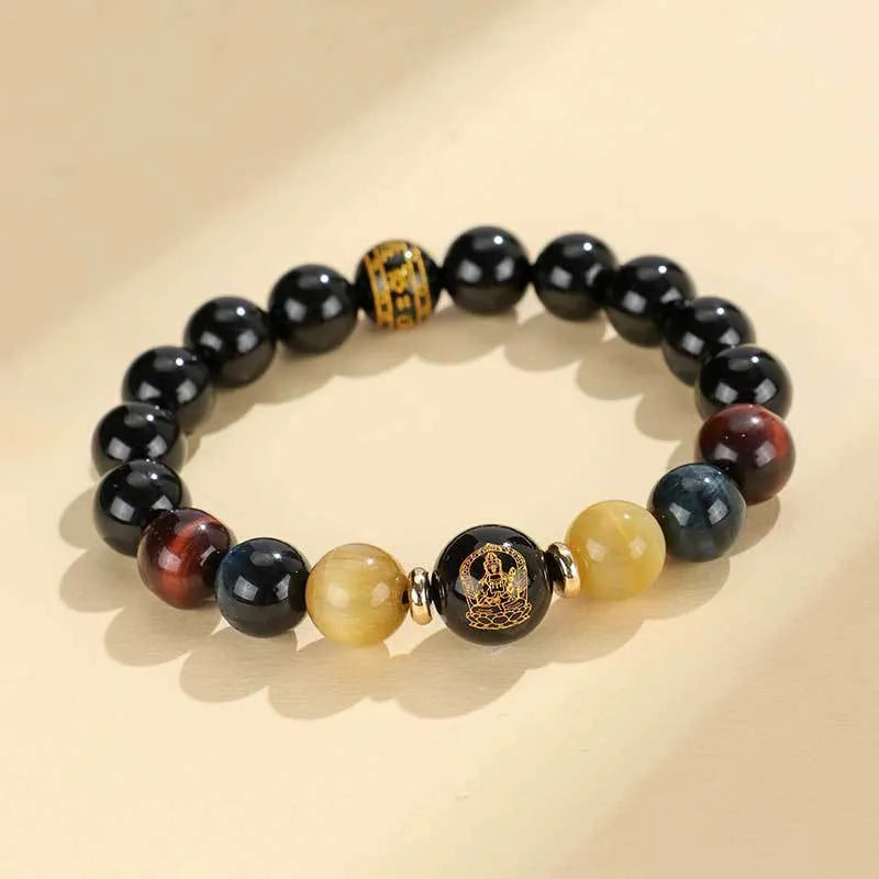 Handmade black agate beaded bracelet with Buddhist carving and tiger eye gemstones