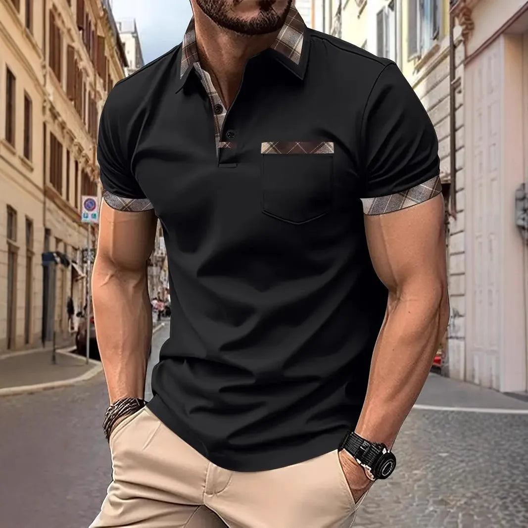 Men's plaid colourblock t-shirt with zipper decorations on polyester fabric in multiple colours