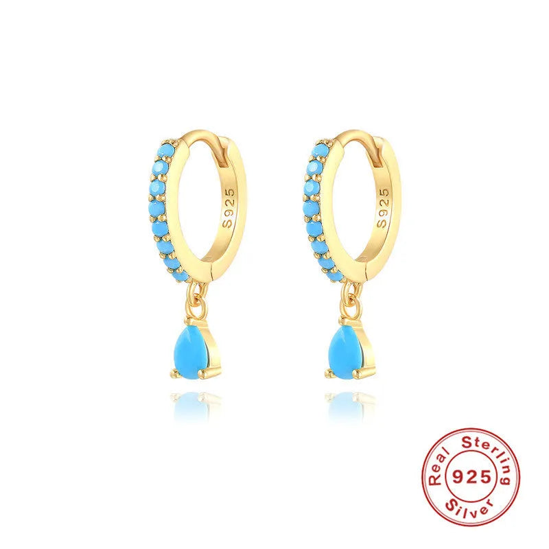 S925 sterling silver geometric water drop earrings with electroplated finish and stone accents