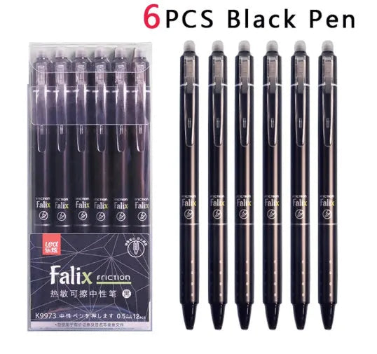 Blue and black erasable gel pen with 0.5mm stainless steel nib and plastic body for school use