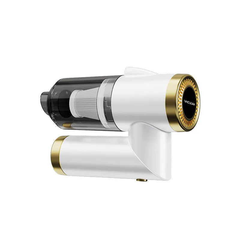 Handheld wireless car vacuum cleaner with USB charging cable showing black and white colour options