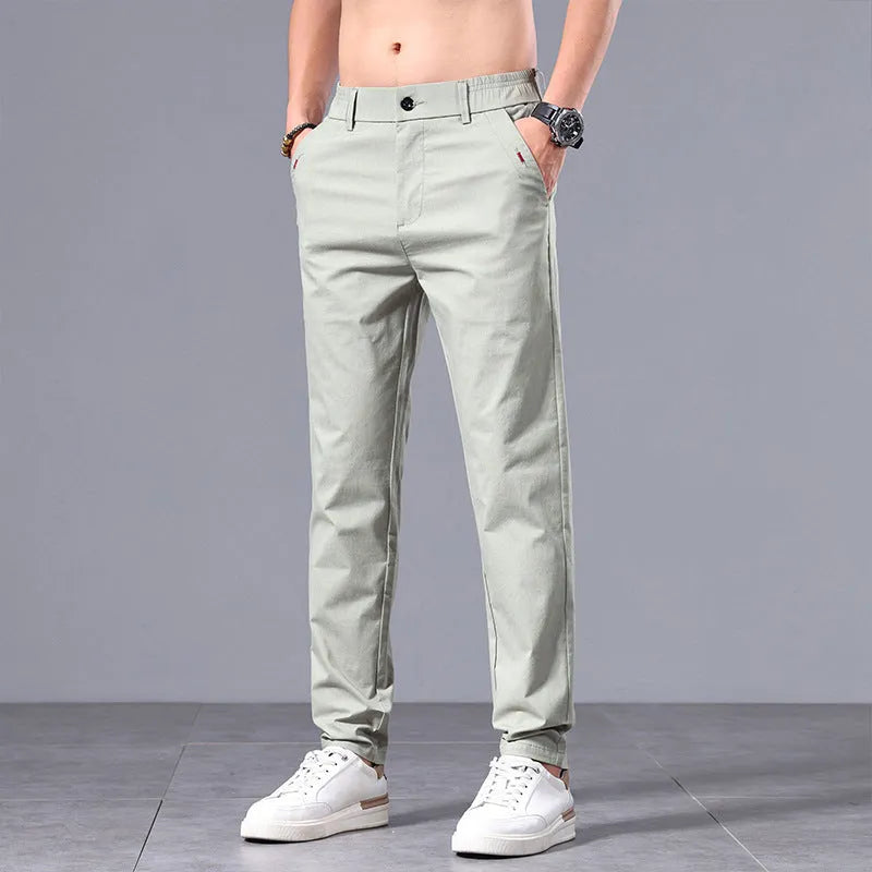 Men's straight slim fit trousers in light khaki cotton with micro elasticity for business casual wear