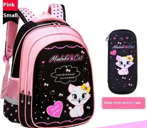 Kids school cute cat print nylon backpack with load-reducing design and computer pocket in pink and black colourway.