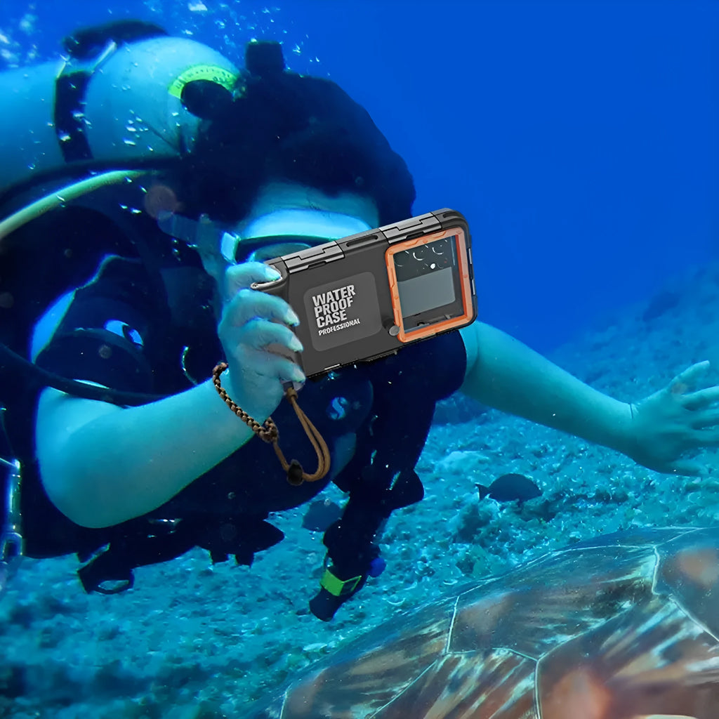 Simple Shooting Waterproof Universal Phone Case in Black Orange with Metal Construction and Lanyard