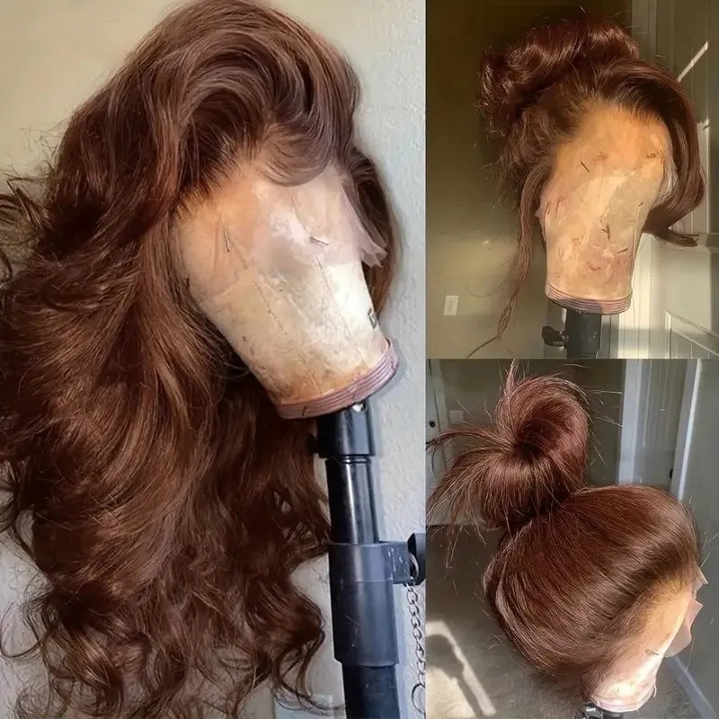 Women's dark brown front lace wig with long curly hair and side bangs style