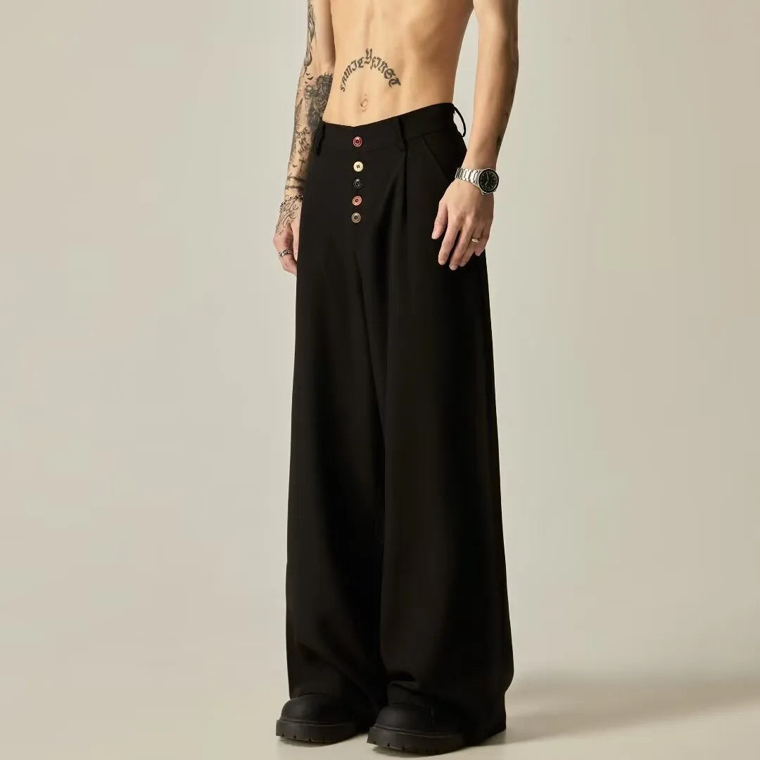 Men's solid colour straight-leg trousers in cotton-polyester blend fabric shown in black and brown colours