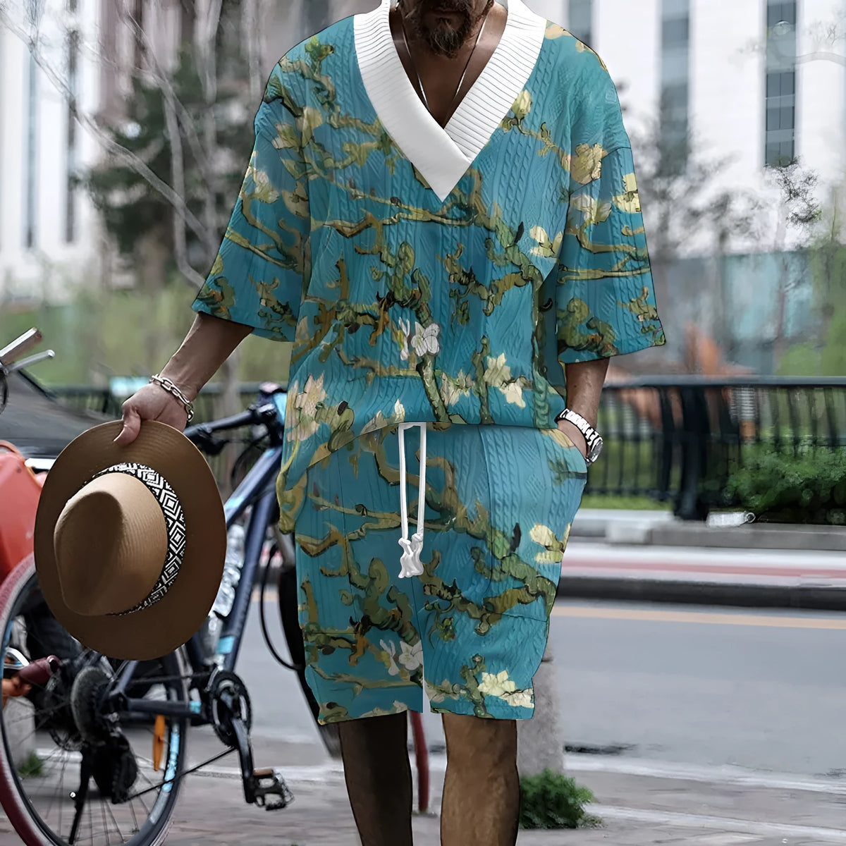 3D printed casual knitted shorts men's suit in peacock blue, polyester fibre, top and trousers set