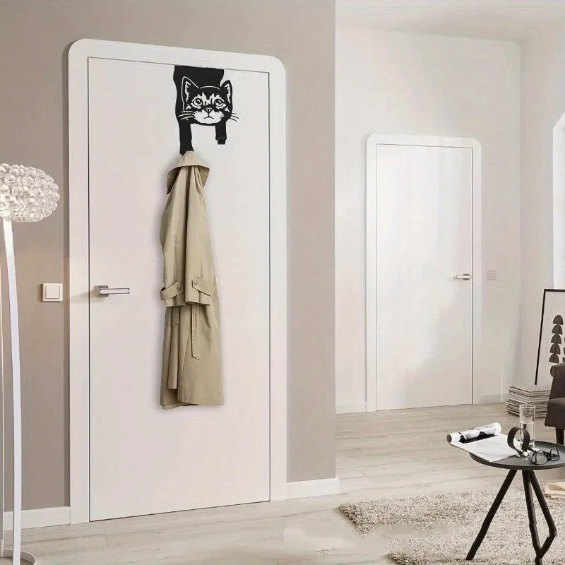 Black cat silhouette wall hook with adhesive backing for no-drill mounting