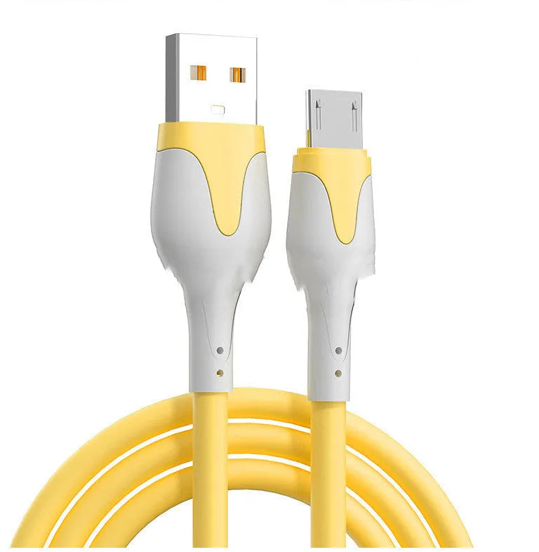 Liquid silicone USB charging cable in bright orange with Micro USB and USB Type-C connectors