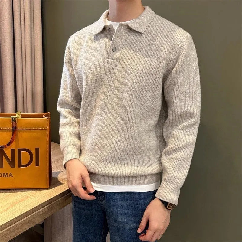 Men's loose fit lapel knitwear sweater in apricot, long sleeves, polyester fibre