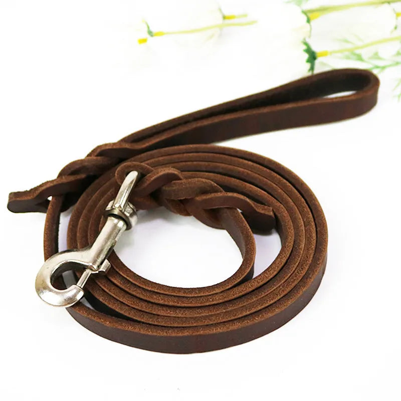 Thickened cowhide dog walking rope in light brown and black colours with multiple length options
