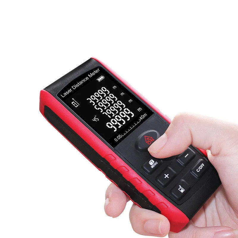 E series hand-held laser range finder with compact ABS construction for decoration project measurements