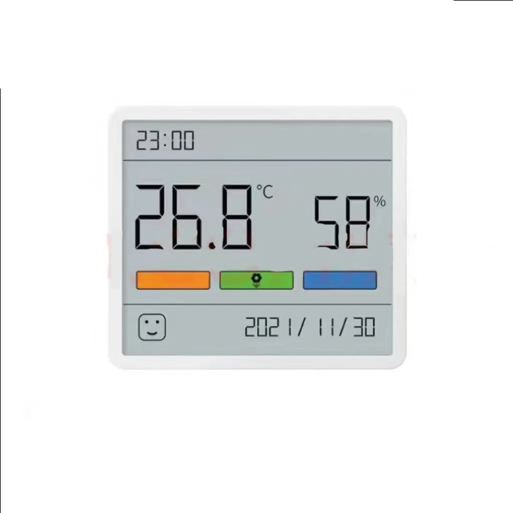 Mini digital clock hygrograph with ABS body, PMMA screen, temperature and humidity display, stand and adhesive mount options