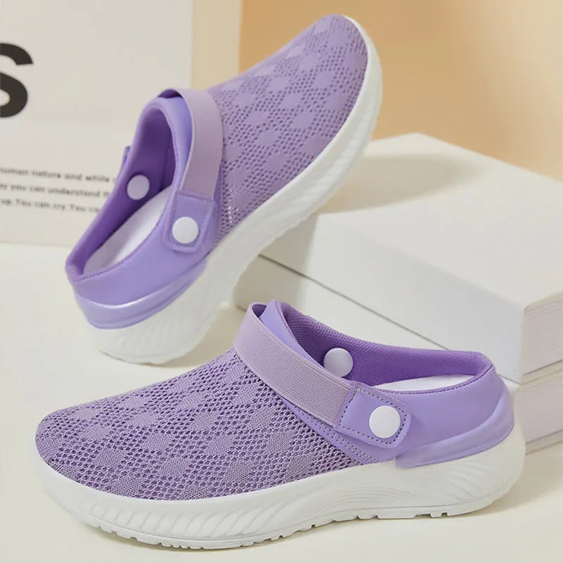 Women's breathable mesh sandals one-step slip-on round toe half-slip design with PVC sole