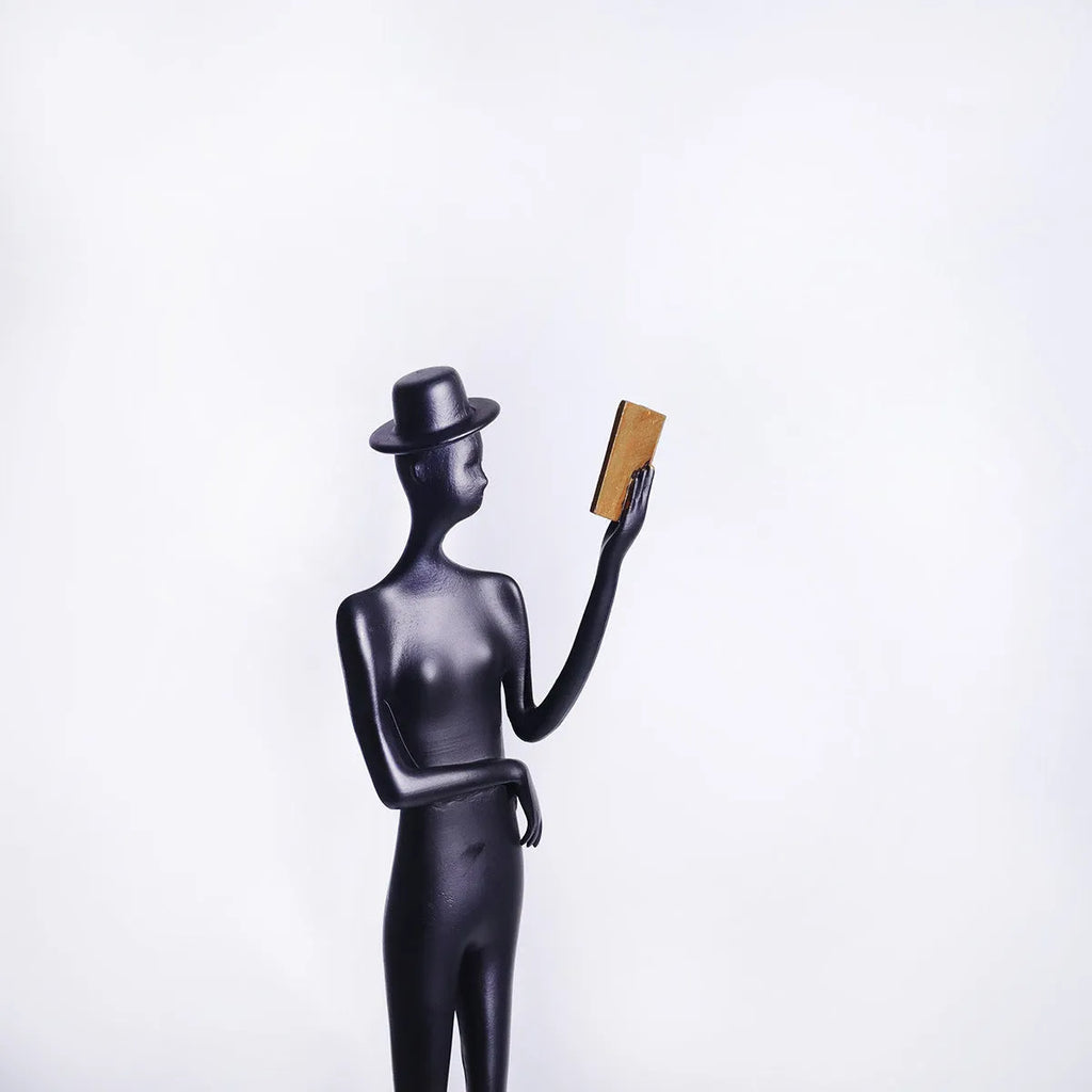 Black metallic reading woman aluminium desktop sculpture 51cm tall modern decor