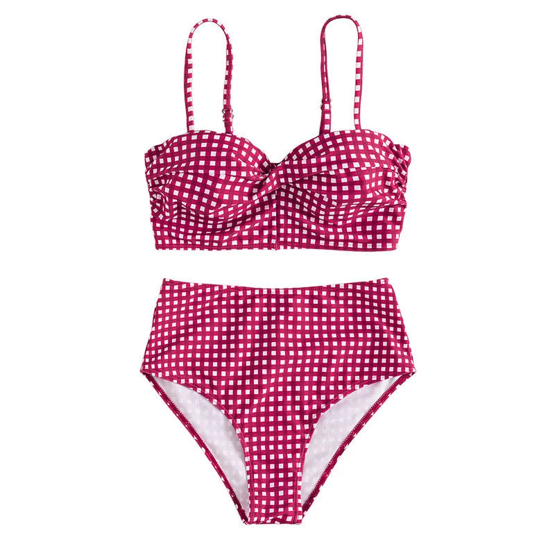 Women's plaid print bikini swimsuit with high-waist split design briefs and coordinating top.
