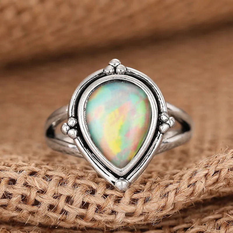 Women's antique-style copper ring with water drop and geometric design, electroplated silver finish, sizes No 6 to No 10