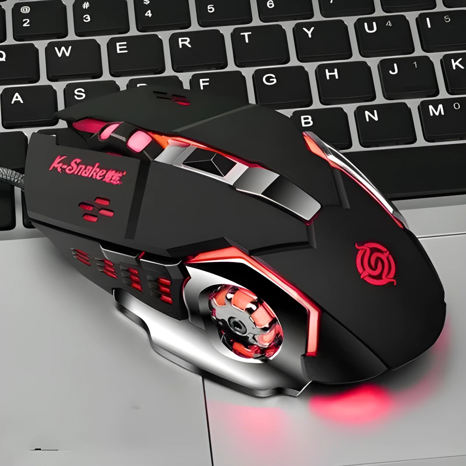 Metal backboard wired USB mouse in matte black with scroll wheel and left/right buttons