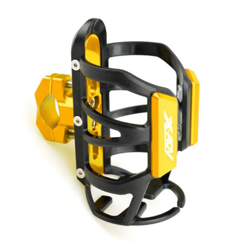 Black water bottle cage mounted on Honda scooter bumper with hydration bottle