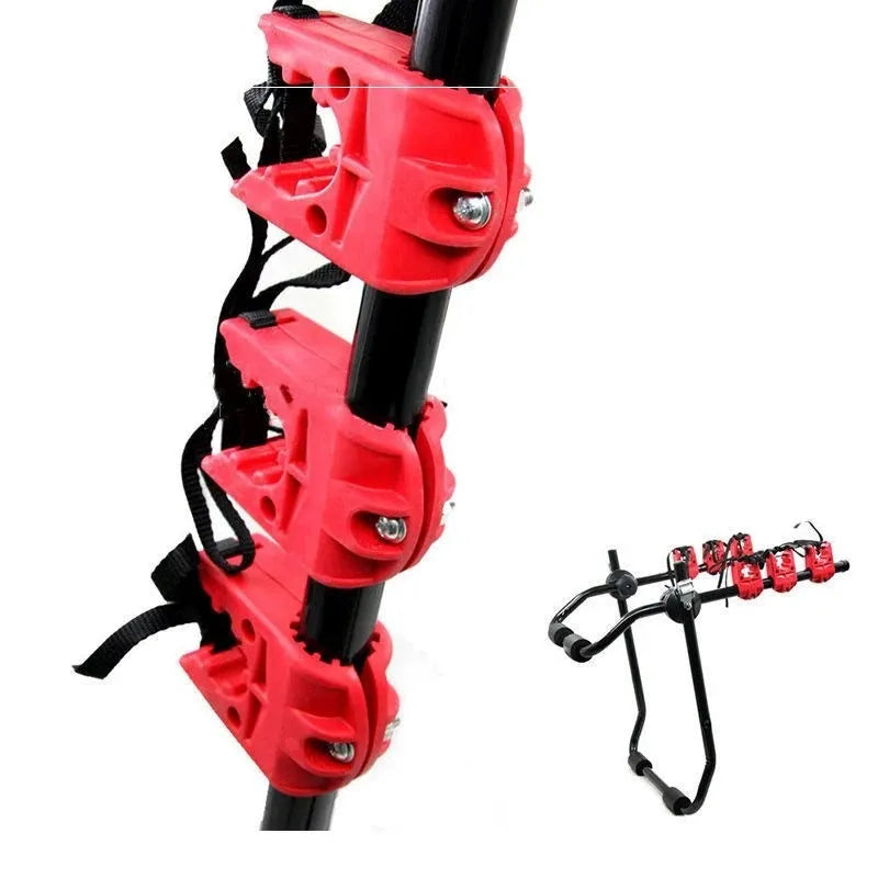 Black and red car boot mount bike rack showing iron frame with sponge padding and tie ropes.