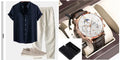 Men's slim-fit short-sleeved shirt with stand collar and digital print, shown with matching pants, shoes, and watch.