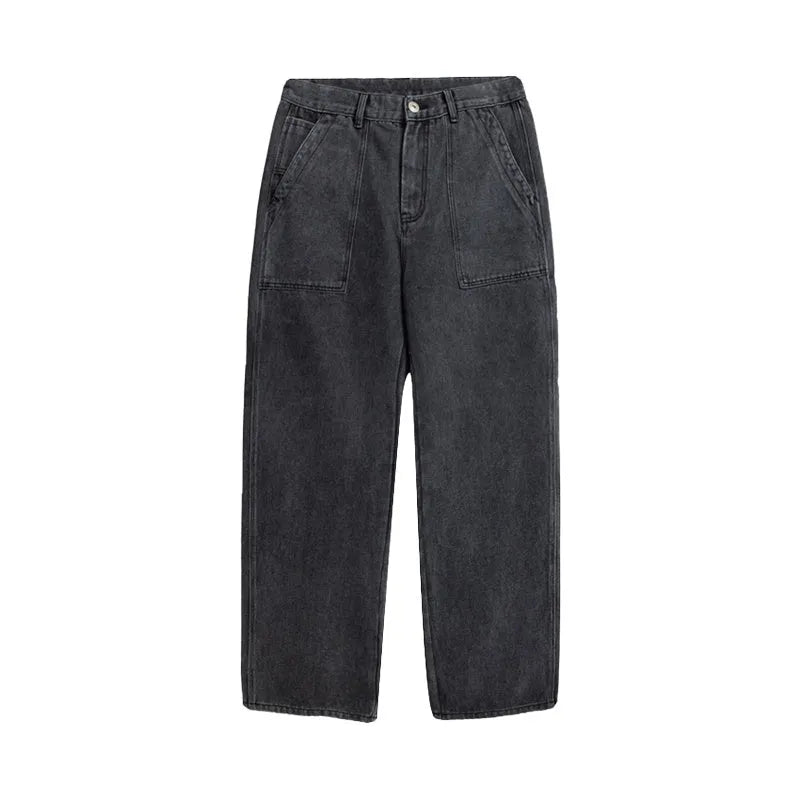 Mens loose straight vintage wide leg jeans in washed black denim, front view