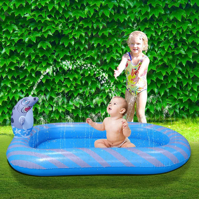 Blue inflatable dinosaur water spray pool with four water spray zones for children's outdoor play